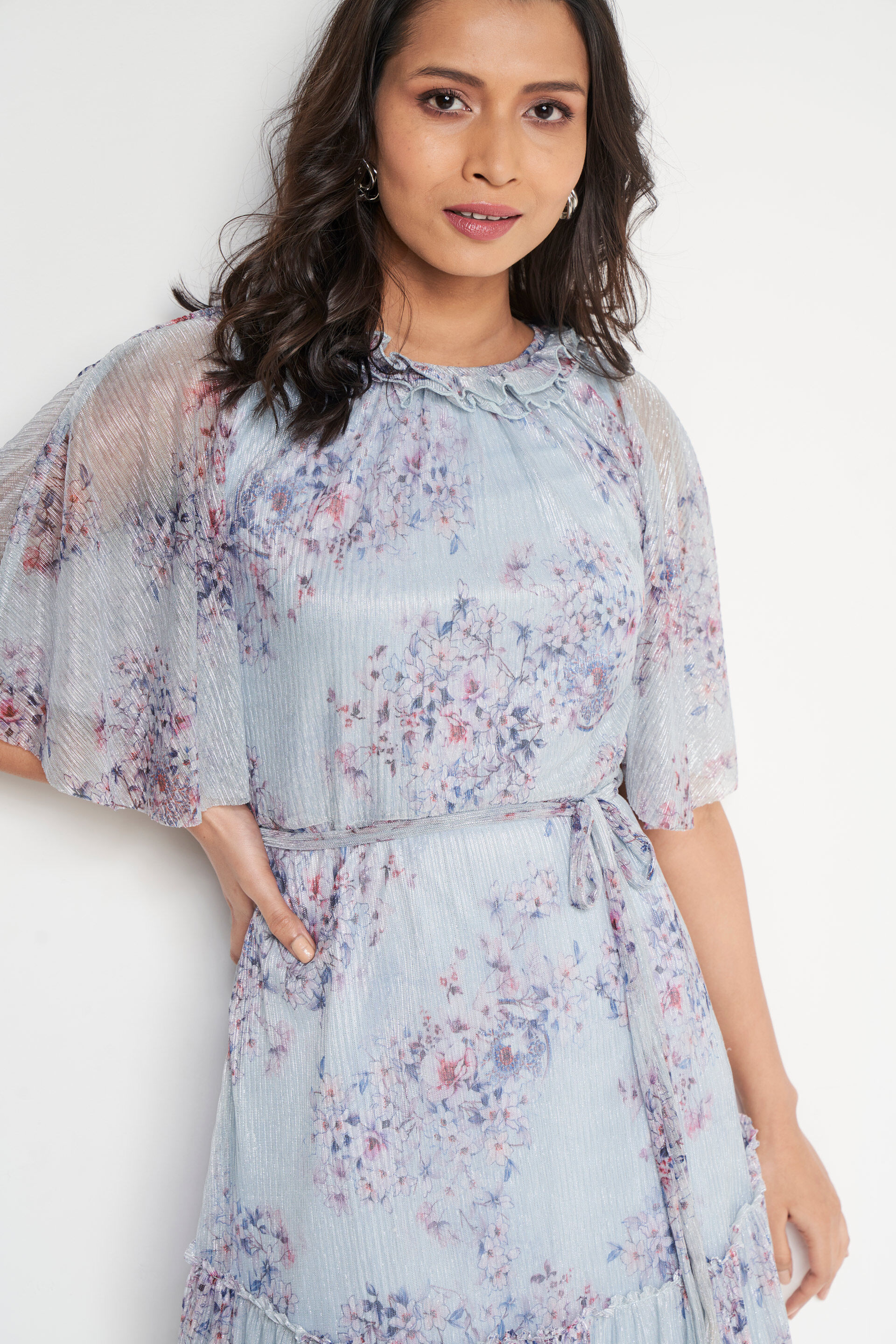 Powder Blue Floral Flared Dress, Powder Blue, image 4